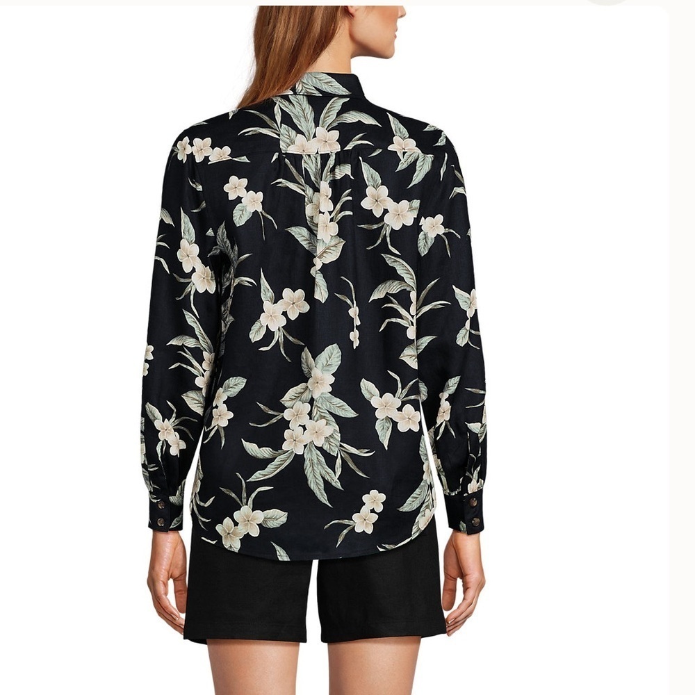 Lands End 100% Linen Black Floral Button-front Shirt Women’s Size Medium (10-12) - Picture 9 of 11